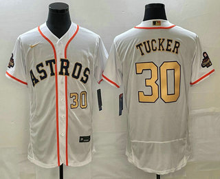 Men's Houston Astros #30 Kyle Tucker Number 2023 White Gold World Serise Champions Patch Flex Base Stitched Jersey 01