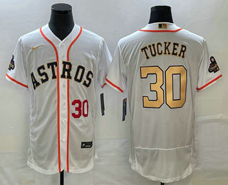 Men's Houston Astros #30 Kyle Tucker Number 2023 White Gold World Serise Champions Patch Flex Base Stitched Jersey 02