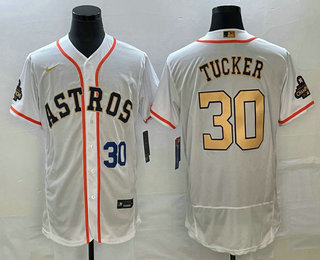 Men's Houston Astros #30 Kyle Tucker Number 2023 White Gold World Serise Champions Patch Flex Base Stitched Jersey 03