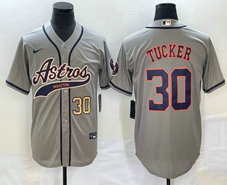 Men's Houston Astros #30 Kyle Tucker Number Grey With Patch Cool Base Stitched Baseball Jersey