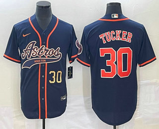 Men's Houston Astros #30 Kyle Tucker Number Navy Blue With Patch Cool Base Stitched Baseball Jersey