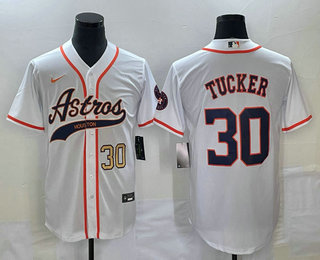 Men's Houston Astros #30 Kyle Tucker Number White With Patch Cool Base Stitched Baseball Jersey