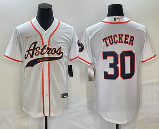 Men's Houston Astros #30 Kyle Tucker White With Patch Cool Base Stitched Baseball Jersey