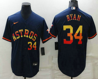 Men's Houston Astros #34 Nolan Ryan Number Navy Blue Rainbow Stitched MLB Cool Base Nike Jersey