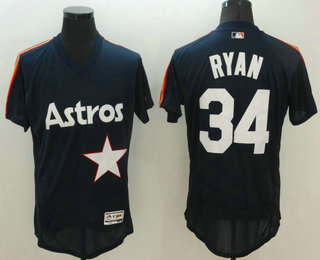 Men's Houston Astros #34 Nolan Ryan Retired Navy Blue Pullover Stitched MLB 2016 Majestic Flex Base Jersey