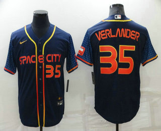 Men's Houston Astros #35 Justin Verlander Number 2022 Navy Blue City Connect Cool Base Stitched Jersey