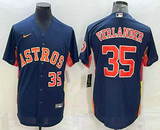 Men's Houston Astros #35 Justin Verlander Number Navy Blue With Patch Stitched MLB Cool Base Nike Jersey