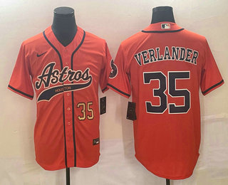 Men's Houston Astros #35 Justin Verlander Number Orange With Patch Cool Base Stitched Baseball Jersey