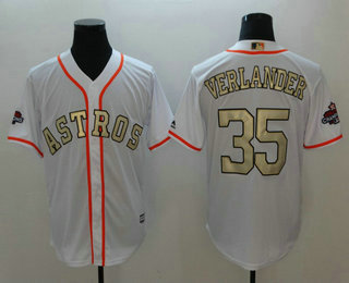 Men's Houston Astros #35 Justin Verlander White with Gold Home Majestic Cool Base Stitched 2017 World Series Champions Patch Jersey