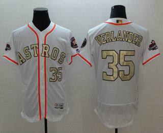 Men's Houston Astros #35 Justin Verlander White with Gold Home Stitched MLB 2017 World Series Champions Patch Flex Base Jersey