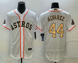 Men's Houston Astros #44 Yordan Alvarez 2023 White Gold World Serise Champions Patch Flex Base Stitched Jersey 01