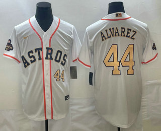 Men's Houston Astros #44 Yordan Alvarez Number 2023 White Gold World Serise Champions Patch Cool Base Stitched Jersey 01