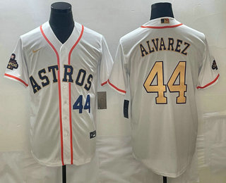 Men's Houston Astros #44 Yordan Alvarez Number 2023 White Gold World Serise Champions Patch Cool Base Stitched Jersey 03