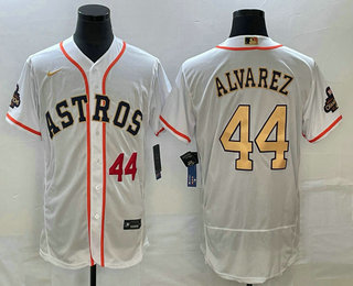 Men's Houston Astros #44 Yordan Alvarez Number 2023 White Gold World Serise Champions Patch Flex Base Stitched Jersey 01