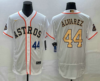 Men's Houston Astros #44 Yordan Alvarez Number 2023 White Gold World Serise Champions Patch Flex Base Stitched Jersey 02