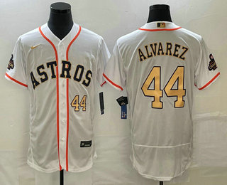 Men's Houston Astros #44 Yordan Alvarez Number 2023 White Gold World Serise Champions Patch Flex Base Stitched Jersey 03