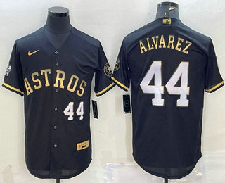 Men's Houston Astros #44 Yordan Alvarez Number Black Gold 2022 World Series Stitched Baseball Jersey