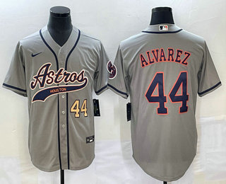 Men's Houston Astros #44 Yordan Alvarez Number Grey With Patch Cool Base Stitched Baseball Jersey