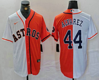 Men's Houston Astros #44 Yordan Alvarez White Orange Split Stitched Baseball Jersey 01