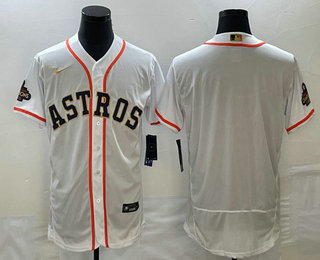 Men's Houston Astros Blank 2023 White Gold World Serise Champions Patch Flex Base Stitched Jersey 01