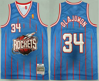 Men's Houston Rockets #34 Hakeem Olajuwon 1996-97 Light Blue Gold NBA Hardwood Classics Soul Swingman Throwback Jersey