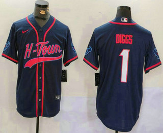 Men's Houston Texans #1 Stefon Diggs Navy With Patch Cool Base Stitched Baseball Jersey