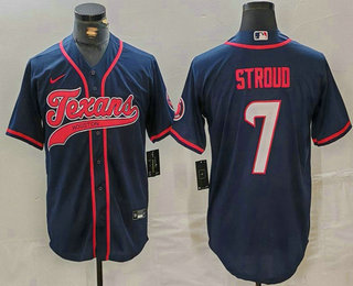 Men's Houston Texans #7 CJ Stroud Navy With Patch Cool Base Stitched Baseball Jersey