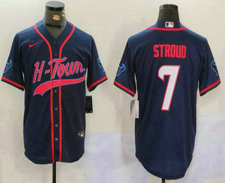 Men's Houston Texans #7 CJ Stroud Navy With Patch Cool Base Stitched Baseball Jersey