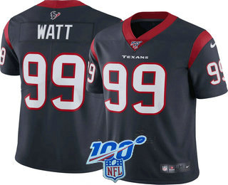 Men's Houston Texans #99 J.J. Watt Navy Blue With 100th Patch NEW 2019 Vapor Untouchable Stitched NFL Nike Limited Jersey