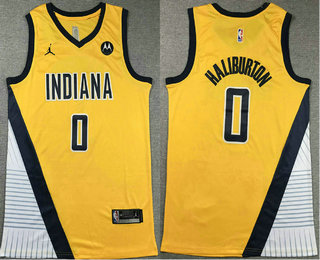 Men's Indiana Pacers #0 Tyrese Haliburton Yellow Sponsor Stitched Jersey