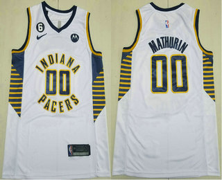 Men's Indiana Pacers #00 Bennedict Mathurin White Association Edition 6 Patch Sponsor Stitched Jersey