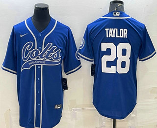 Men's Indianapolis Colts #28 Jonathan Taylor Blue With Patch Cool Base Stitched Baseball Jersey