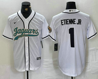 Men's Jacksonville Jaguars #1 Travis Etienne Jr White With Patch Cool Base Stitched Baseball Jersey