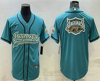 Men's Jacksonville Jaguars Teal Team Big Logo With Patch Cool Base Stitched Baseball Jersey