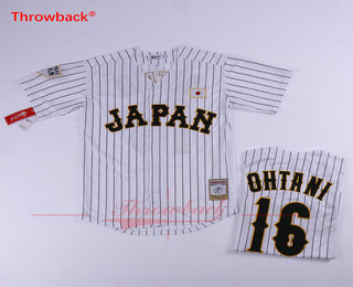 Men's Japan Samurai 16 Shohei Ohtani White With Black Pinstriped Stiched Baseball Jersey