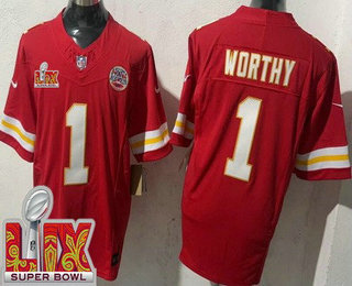 Men's Kansas City Chiefs #1 Xavier Worthy Limited Red Super Bowl LIX FUSE Vapor Jersey