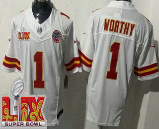 Men's Kansas City Chiefs #1 Xavier Worthy Limited White Super Bowl LIX FUSE Vapor Jersey