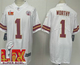 Men's Kansas City Chiefs #1 Xavier Worthy Limited White Super Bowl LIX Vapor Jersey