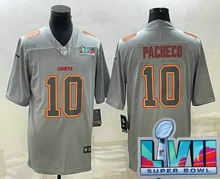 Men's Kansas City Chiefs #10 Isiah Pacheco Gray Super Bowl LVII Patch Atmosphere Fashion Stitched Jersey
