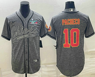 Men's Kansas City Chiefs #10 Isiah Pacheco Grey With Super Bowl LVII Patch Cool Base Stitched Baseball Jersey