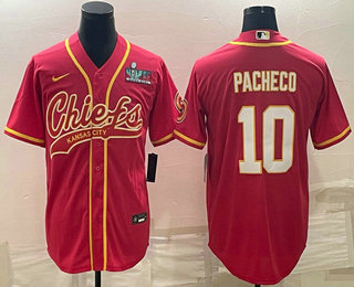 Men's Kansas City Chiefs #10 Isiah Pacheco Red With Super Bowl LVII Patch Cool Base Stitched Baseball Jersey