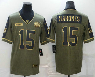 Men's Kansas City Chiefs #15 Patrick Mahomes 2021 Olive Salute To Service Golden Limited Stitched Jersey