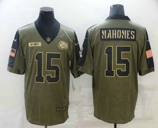 Men's Kansas City Chiefs #15 Patrick Mahomes 2021 Olive Salute To Service Limited Stitched Jersey