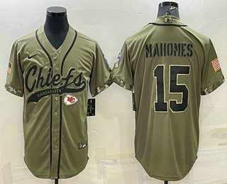 Men's Kansas City Chiefs #15 Patrick Mahomes 2022 Olive Salute to Service Cool Base Stitched Baseball Jersey