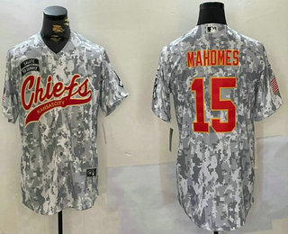 Men's Kansas City Chiefs #15 Patrick Mahomes Arctic Camo 2024 Salute to Service Stitched Baseball Jersey