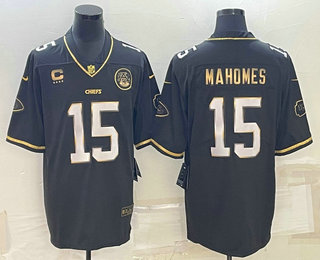 Men's Kansas City Chiefs #15 Patrick Mahomes Black Gold C Patch Vapor Untouchable Limited Stitched Jersey