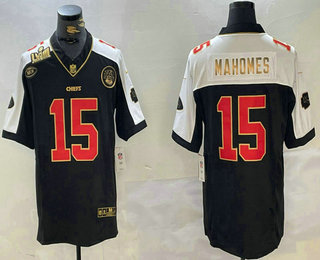 Men's Kansas City Chiefs #15 Patrick Mahomes Black Gold FUSE Vapor Super Bowl LVIII Patch Limited Stitched Jersey