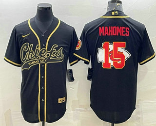 Men's Kansas City Chiefs #15 Patrick Mahomes Black Gold Team Big Logo With Patch Cool Base Stitched Baseball Jersey