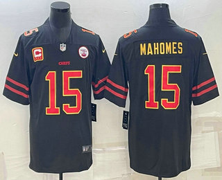 Men's Kansas City Chiefs #15 Patrick Mahomes Black Red Gold C Patch Vapor Untouchable Limited Stitched Jersey