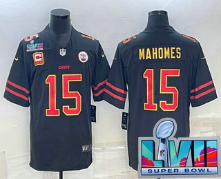 Men's Kansas City Chiefs #15 Patrick Mahomes Black Red Gold Super Bowl LVII Patch Vapor Untouchable Limited Stitched Jersey